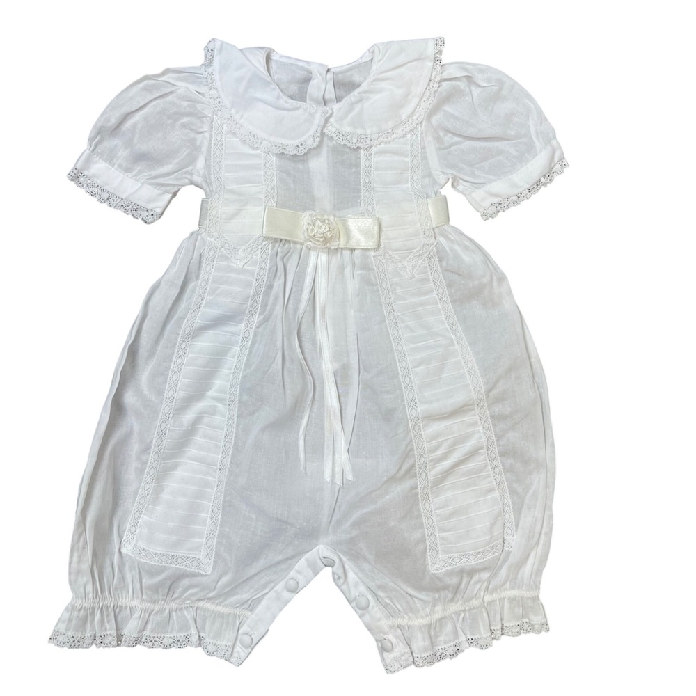 Vintage White Cotton Lace Christening Romper Peter Pan Collar Baptism Size 3